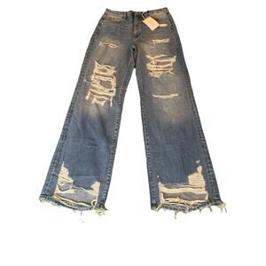 Flying Monkey Woman’s Size 29 Blue Denim Mild Wash Wide Legged Ripped NWT